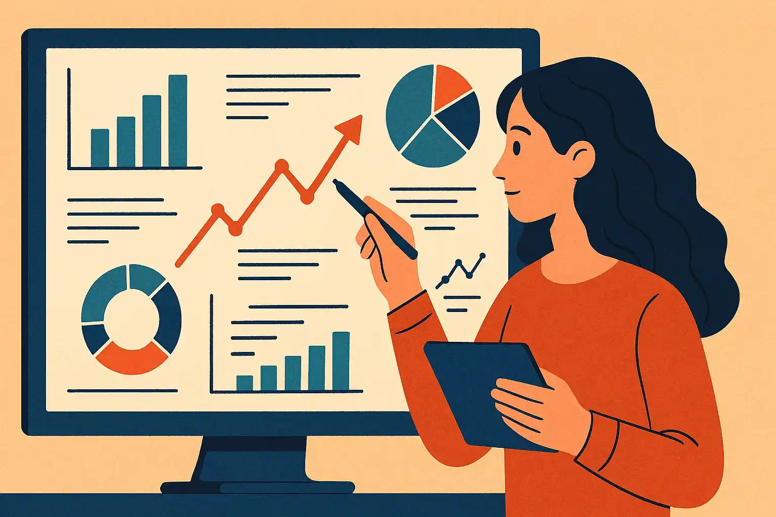 A woman is analysing financial trends, graphics, and diagrams on a screen.