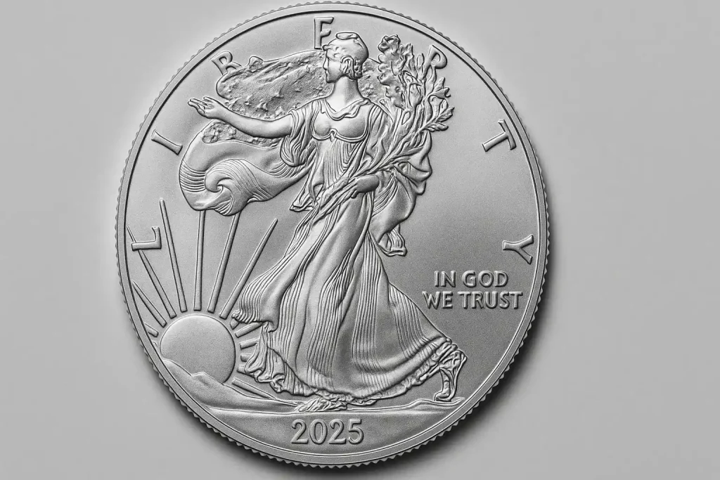 A 1 oz American Silver Eagle coin featuring Liberty in motion and the year 2025, captured in silver detail.