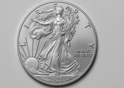 A 1 oz American Silver Eagle coin featuring Liberty in motion and the year 2025, captured in silver detail.