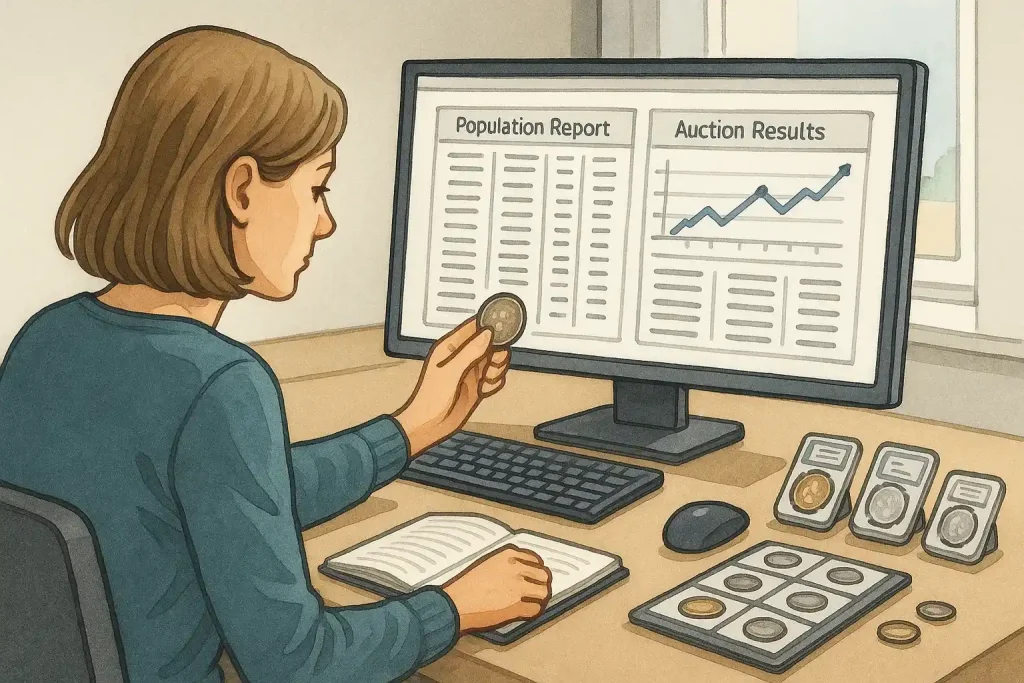A female advanced collector analyzes market trends on her monitor.