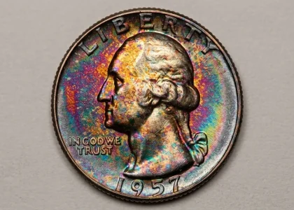 Close-up of circulated 1957 quarter with light wear
