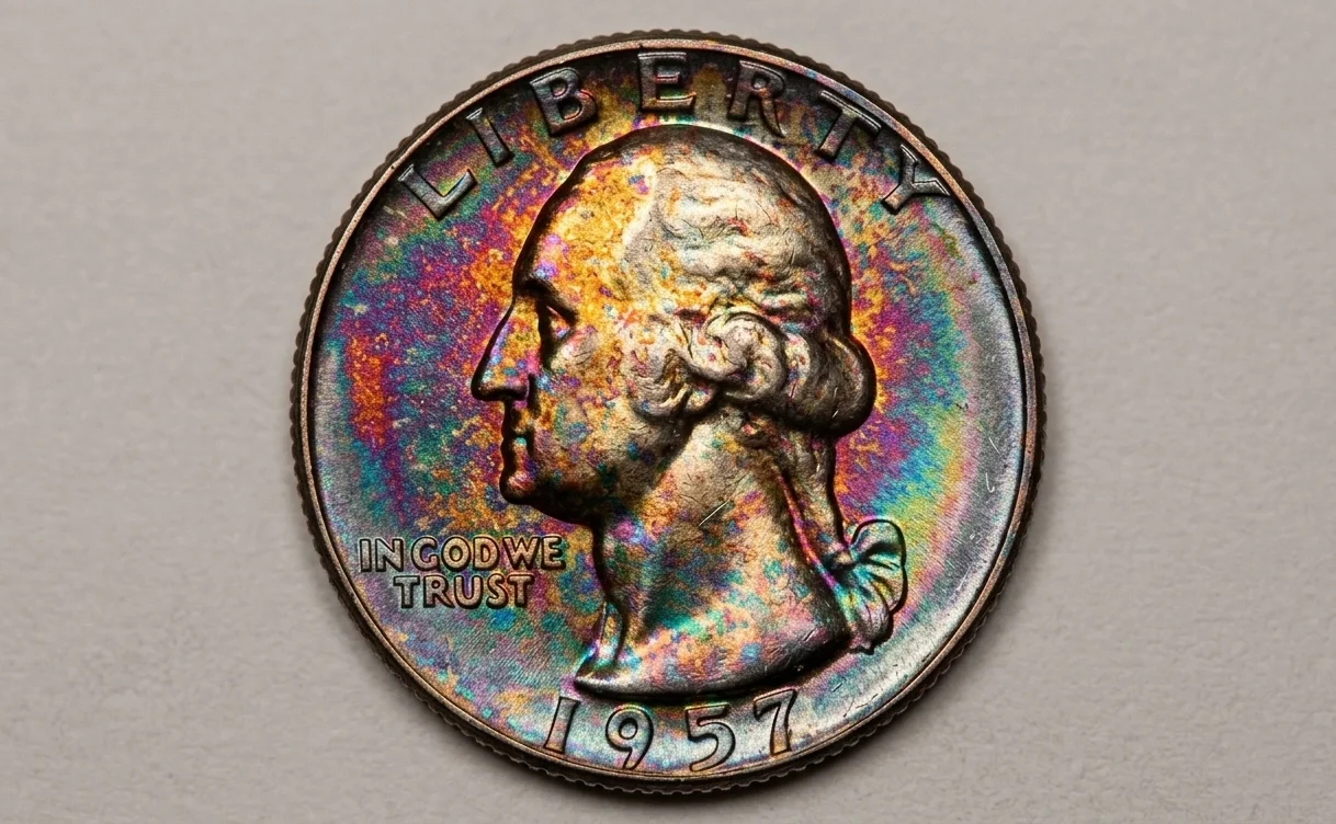 Close-up of circulated 1957 quarter with light wear